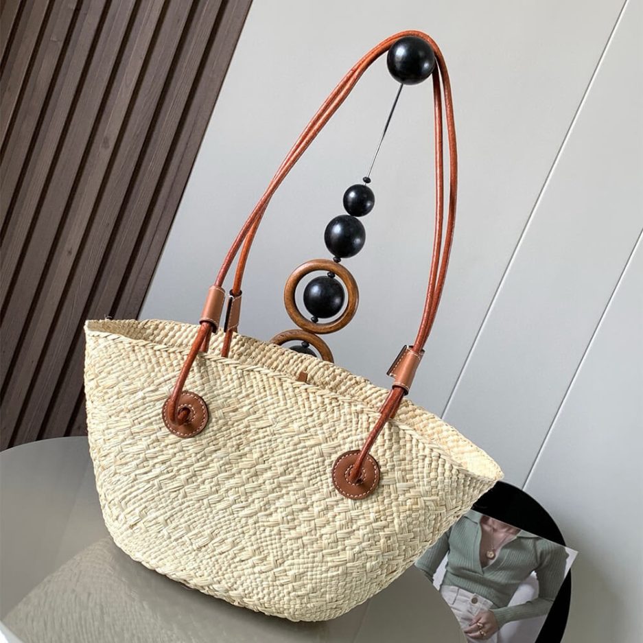 L0ew* Anagram Basket Small Palm and Calfskin Bag(HIGH-END GRADE)